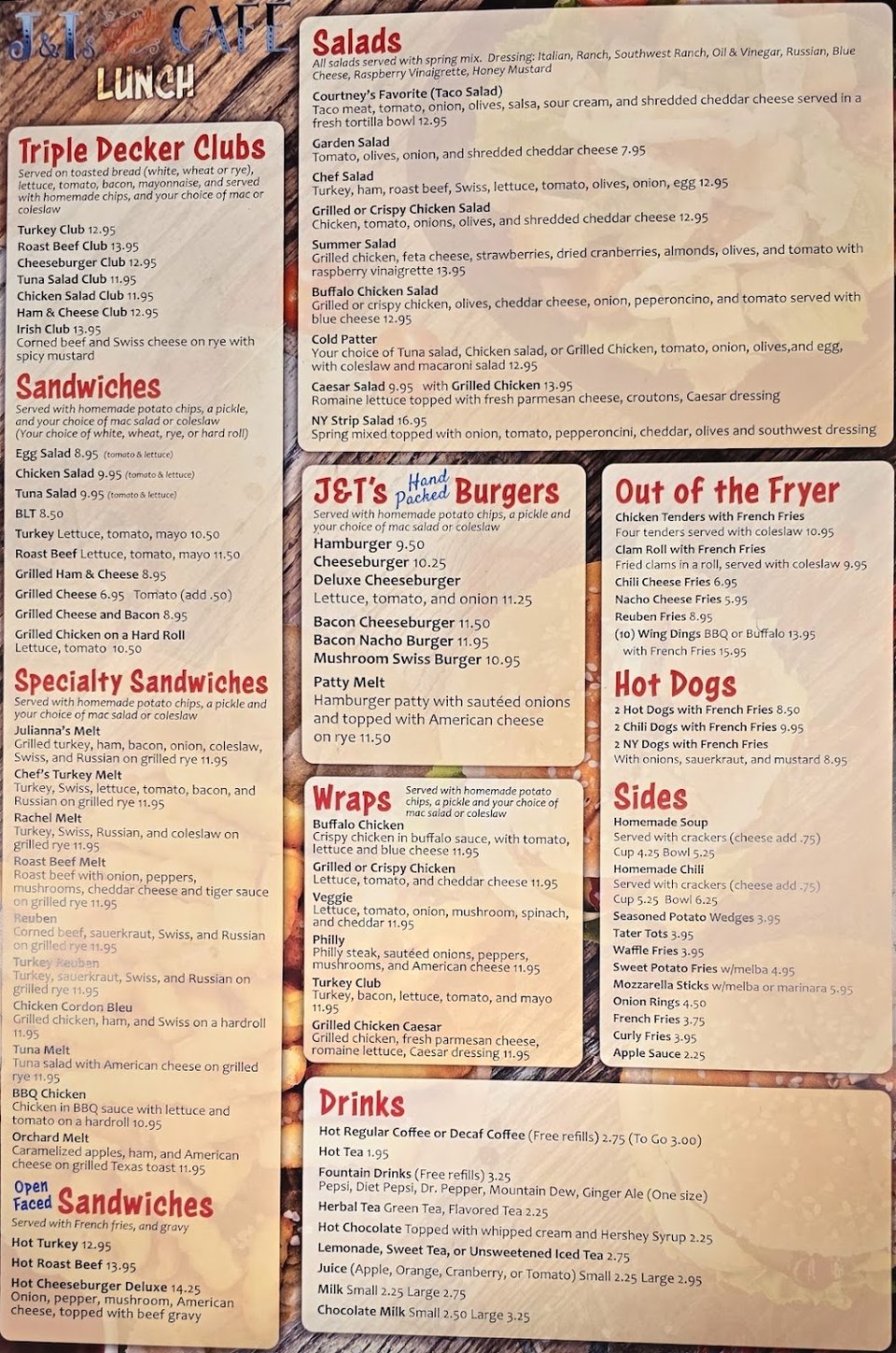 Restaurant menu featuring classic diner-style dishes.