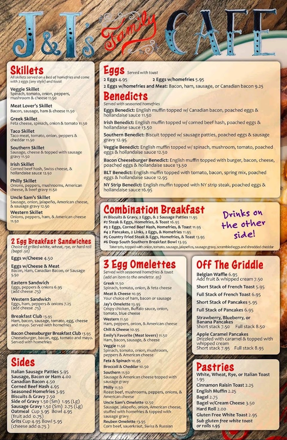 Printed menu with salads and sandwiches.